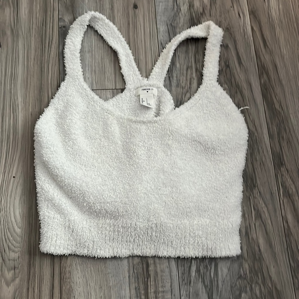 fuzzy white,cropped small,forever 21,used but clean